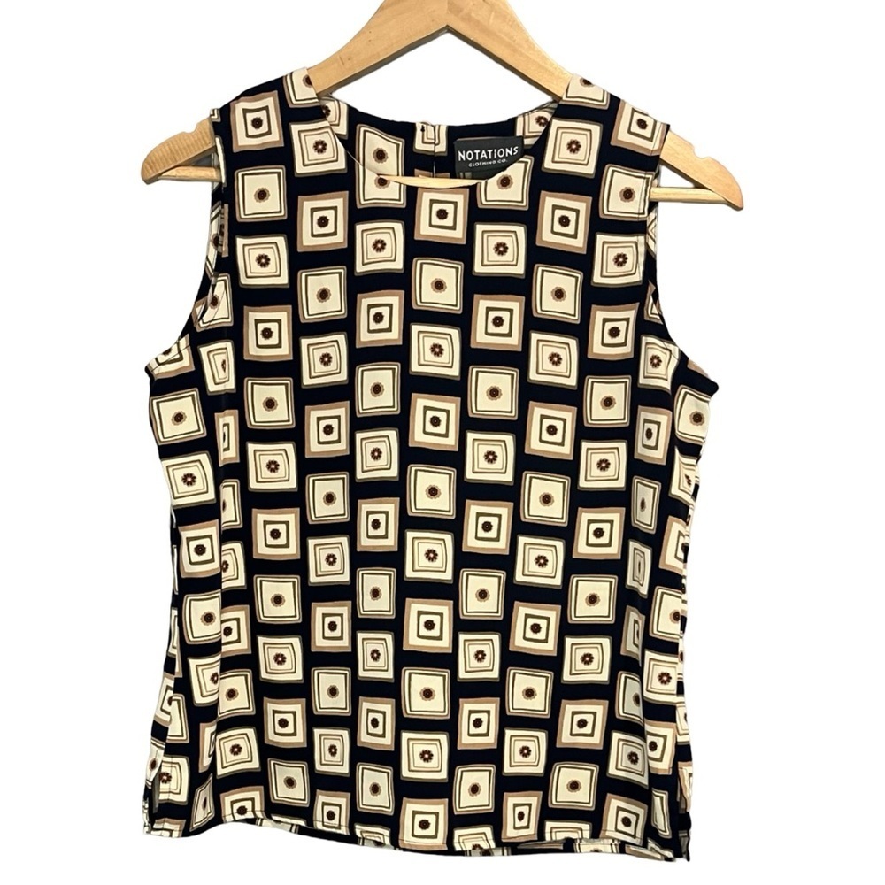 Vintage Notations Black and Cream Geometric Women's Sleeveless Tank Top Blouse